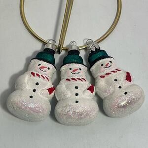 3 Adorable Vintage Blown Glass Glittery Snowmen In Top Hats Christmas Ornaments